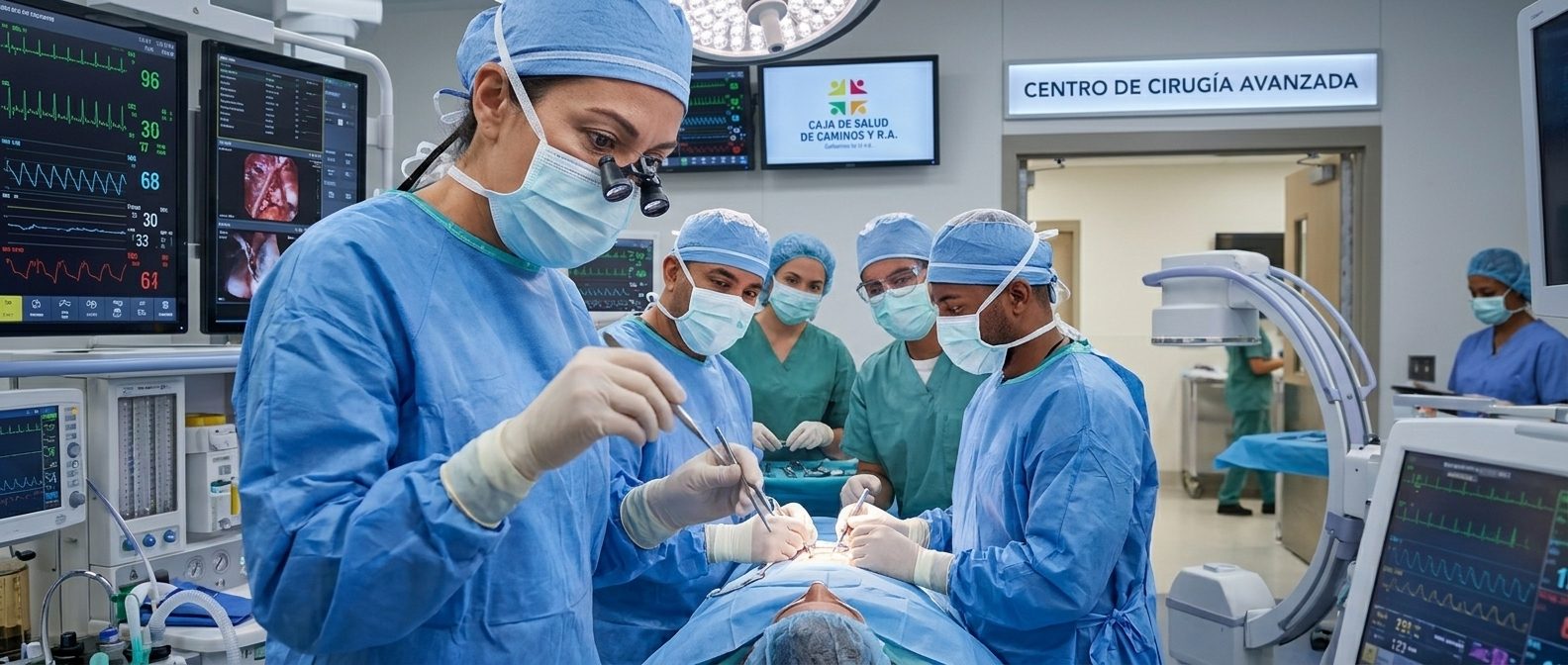 Equipo médico realizando una cirugía en el Centro de Cirugía Avanzada, rodeado de monitores y equipos modernos