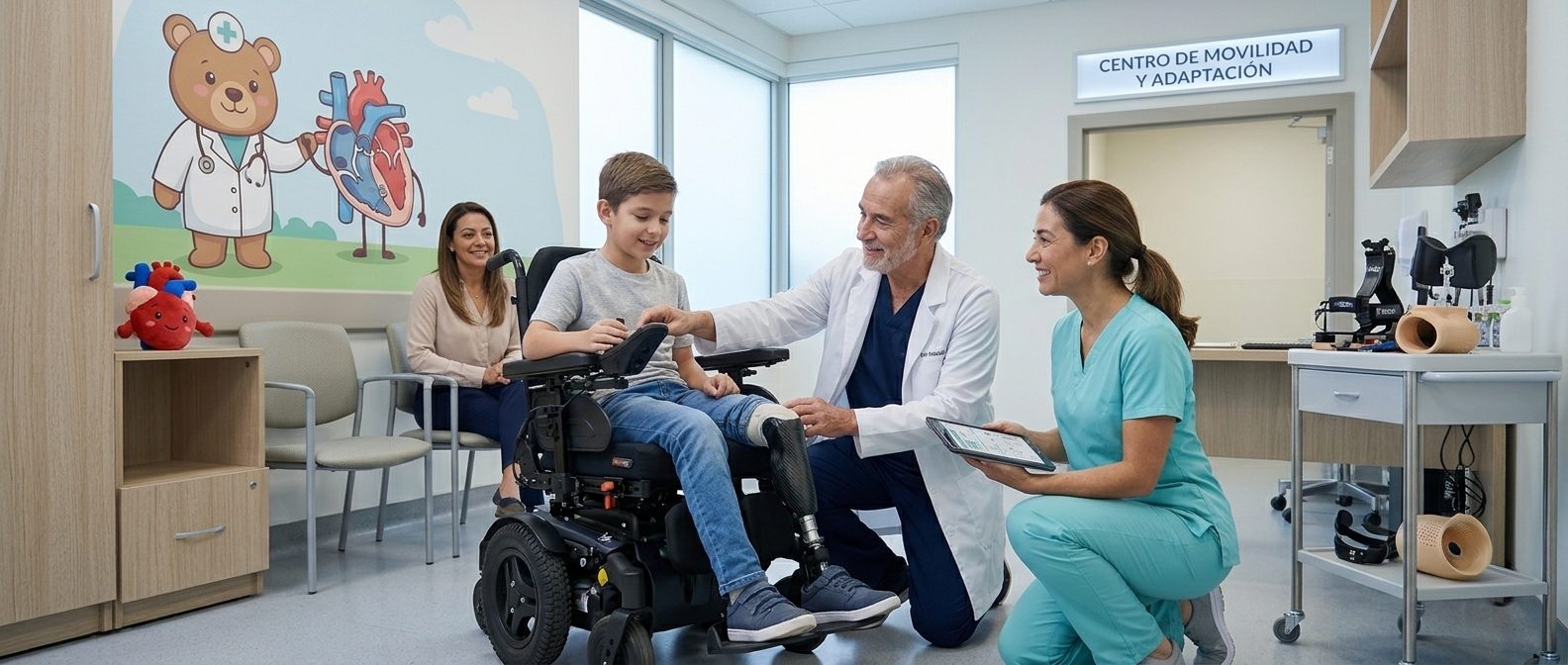 Centro de Movilidad y Adaptación: un médico y una enfermera atienden a un niño en silla de ruedas, acompañado de su madre