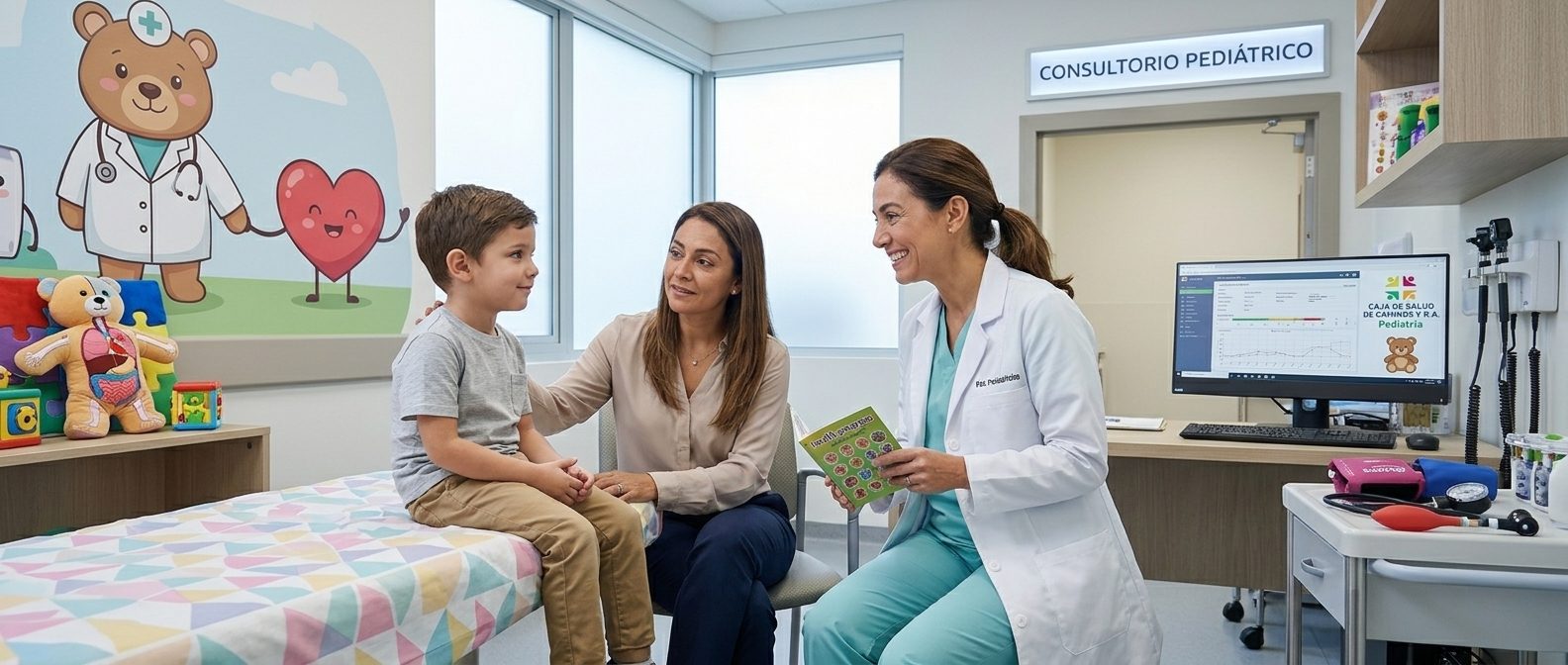 Consultorio Pediátrico: una médica conversa con un niño y su madre, con un mural de un osito doctor al fondo